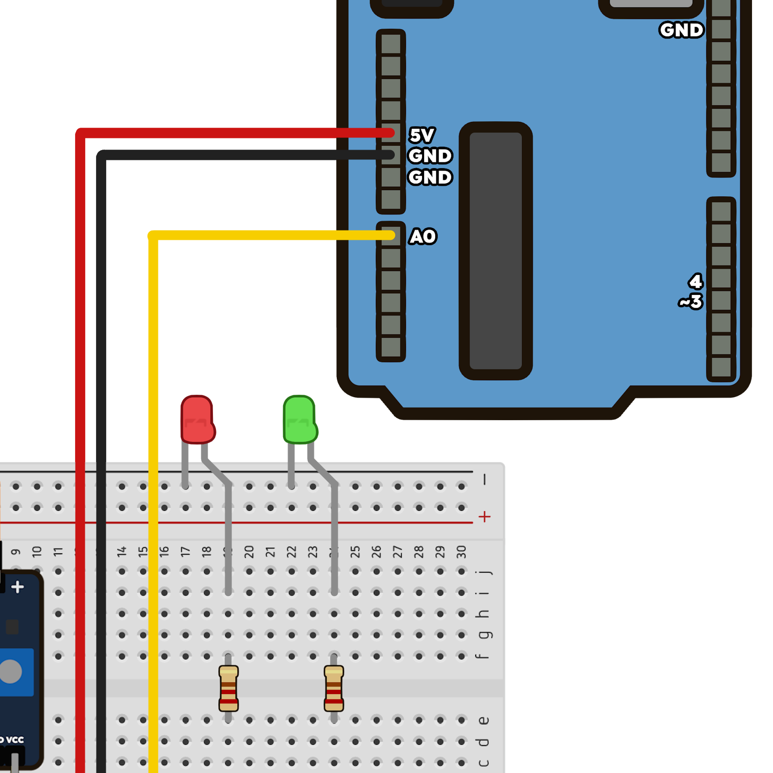 LEDs verde e vermelho posicionados na protoboard com seus respectivos resistores.