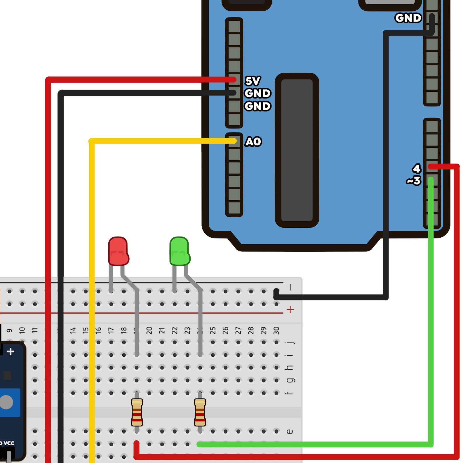 Fios conectando os resistores dos LEDs às portas 3 e 4 do Arduino e a linha negativa ao GND.